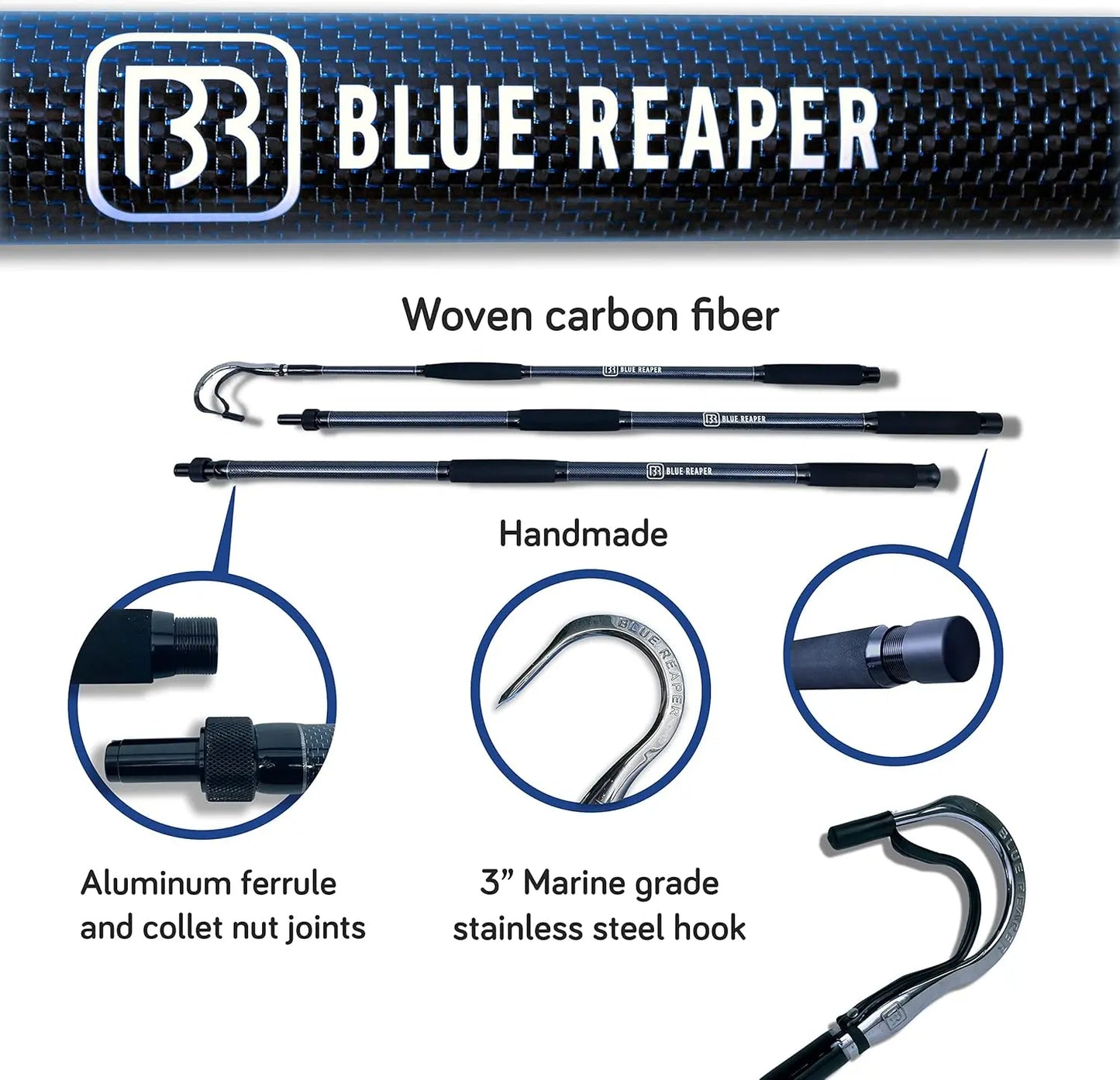 Blue Reaper Tournament Fishing Gaff Handmade Woven Carbon Fiber 12ft 3" Hook